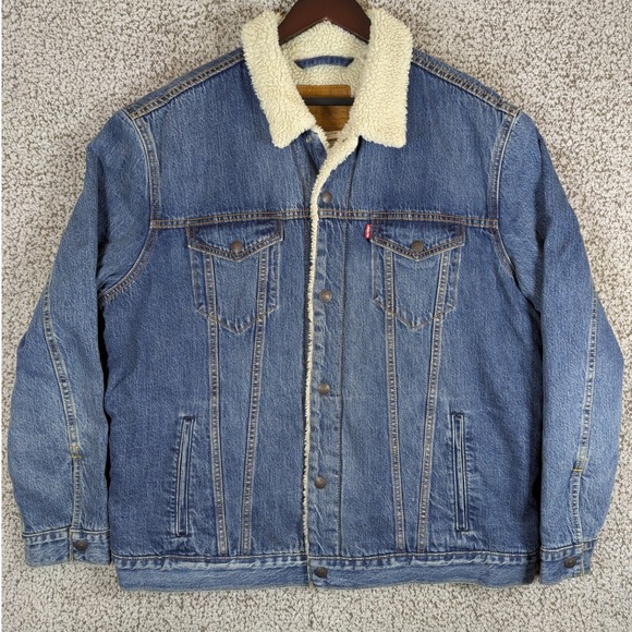 Levi's Premium Denim Trucker Jacket Sherpa Lined Button Up Jean Jacket XXL - Picture 2 of 14